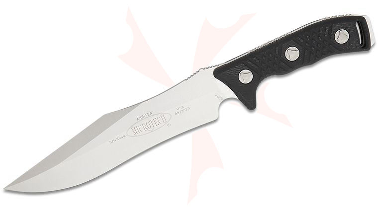 Microtech 104-10 Arbiter Fixed Blade Knife 9 inch Stonewashed Double Edge Recurve Clip Point Blade, Milled Black G10 Handles, Kydex Sheath