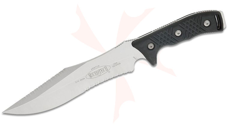 Microtech 104-12 Arbiter Fixed Blade Knife 9 inch Stonewashed Serrated Double Edge, Milled G10 Handles, Kydex Sheath