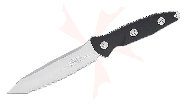 Microtech 114-12 Socom Alpha Fixed Blade Knife 5.45 inch Stonewashed Tanto Serrated Blade, Black G10 Handles, Kydex Sheath