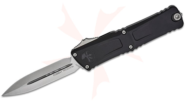 Microtech 1142-10 Combat Troodon Gen III AUTO OTF Knife 4.125 inch M390MK Stonewashed Double Edge Dagger Blade, Black Deep Engraved Aluminum Handles