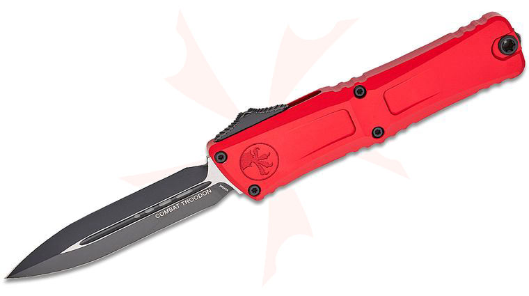 Microtech 1142-1RD Combat Troodon Gen III AUTO OTF Knife 4.125 inch M390MK Black Double Edge Dagger Blade, Red Deep Engraved Aluminum Handles