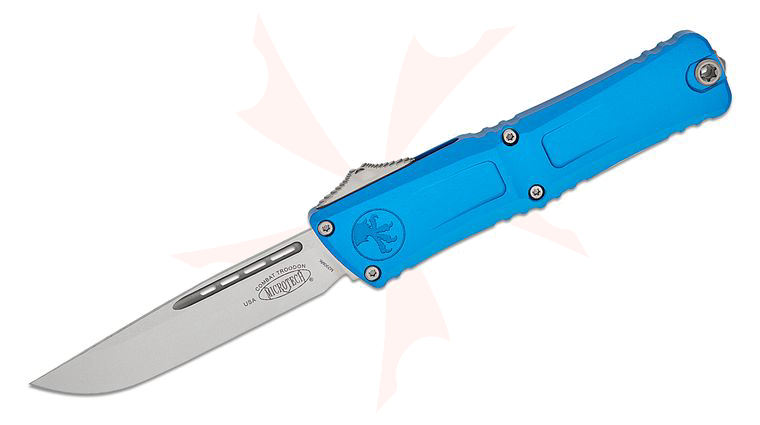 Microtech 1143-10BL Combat Troodon Gen III AUTO OTF Knife 4.125 inch M390MK Stonewashed Drop Point Blade, Blue Deep Engraved Aluminum Handles