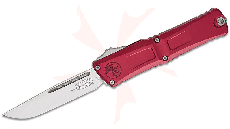 Microtech 1143-10MR Combat Troodon Gen III AUTO OTF Knife 4.125 inch M390MK Stonewashed Drop Point Blade, Merlot Deep Engraved Aluminum Handles