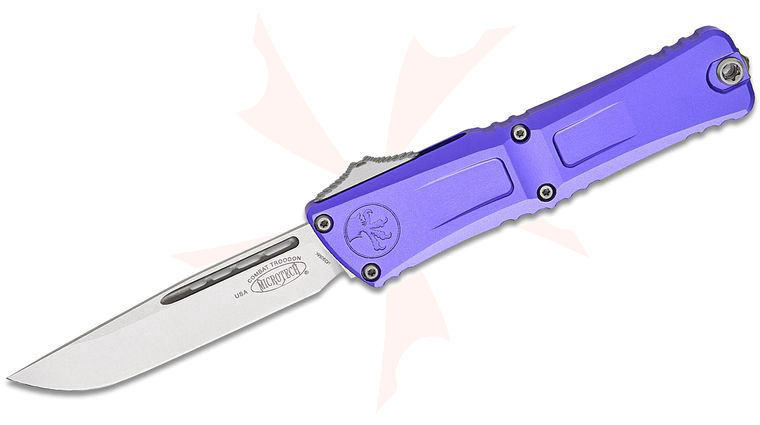 Microtech 1143-10PU Combat Troodon Gen III AUTO OTF Knife 4.125 inch M390MK Stonewashed Drop Point Blade, Purple Deep Engraved Aluminum Handles