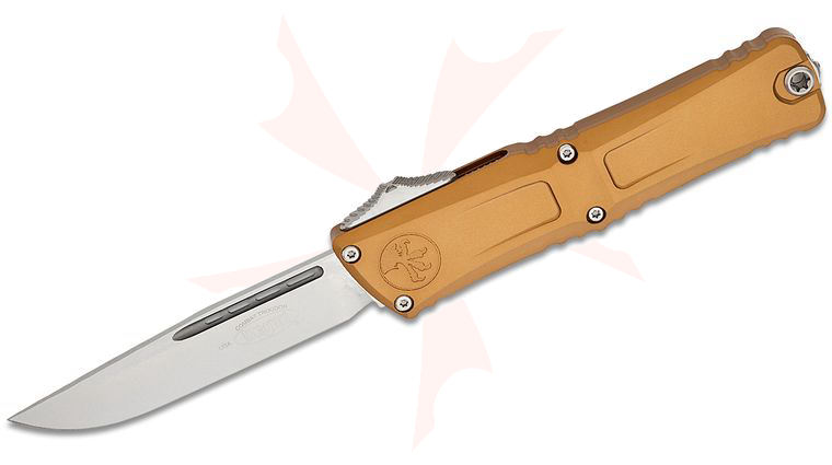 Microtech 1143-10TA Combat Troodon Gen III AUTO OTF Knife 4.125 inch M390MK Stonewashed Drop Point Blade, Tan Deep Engraved Aluminum Handles
