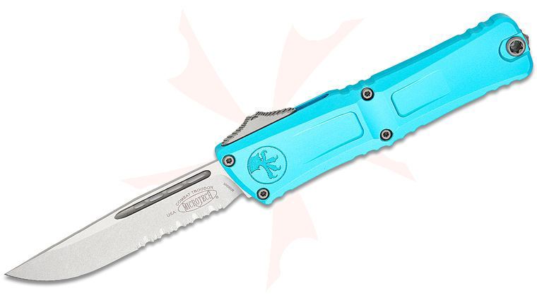Microtech 1143-11TQ Combat Troodon Gen III AUTO OTF Knife 4.125 inch M390MK Stonewashed Drop Point Combo Blade, Turquoise Deep Engraved Aluminum Handles