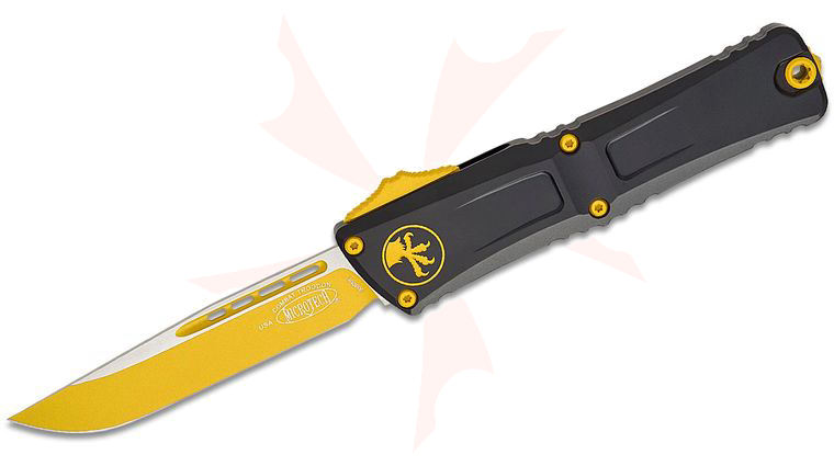 Microtech 1143-1CYSK Combat Troodon Gen III  AUTO OTF Knife 4.125 inch M390MK Corvette Yellow Drop Point Blade, Black Deep Engraved Aluminum Handles with Corvette Yellow Claw Logo