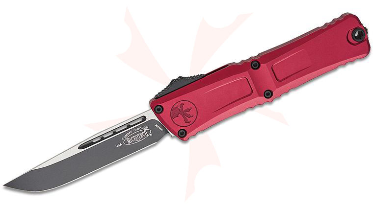 Microtech 1143-1MR Combat Troodon Gen III AUTO OTF Knife 4.125 inch M390MK Black Drop Point Blade, Merlot Deep Engraved Aluminum Handles