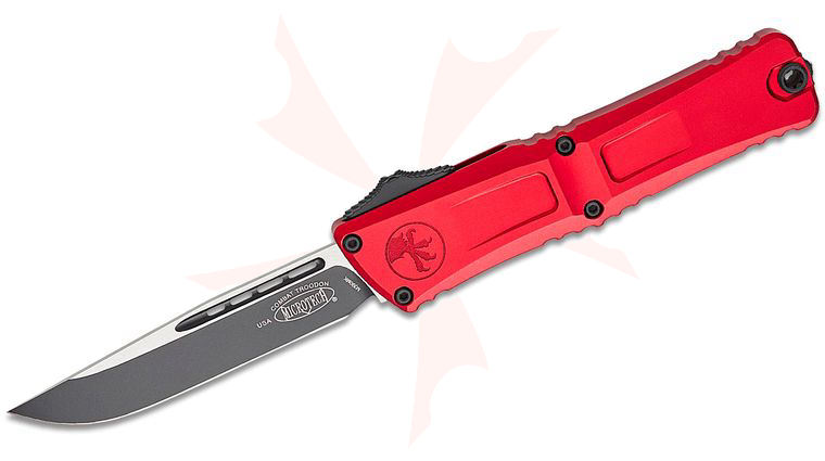 Microtech 1143-1RD Combat Troodon Gen III AUTO OTF Knife 4.125 inch M390MK Black Drop Point Blade, Red Deep Engraved Aluminum Handles