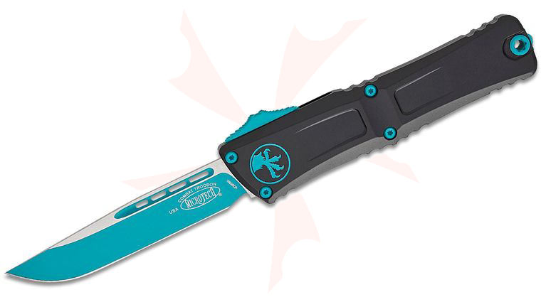 Microtech 1143-1TQSK Combat Troodon Gen III  AUTO OTF Knife 4.125 inch M390MK Turquoise Drop Point Blade, Black Deep Engraved Aluminum Handles with Turquoise Claw Logo