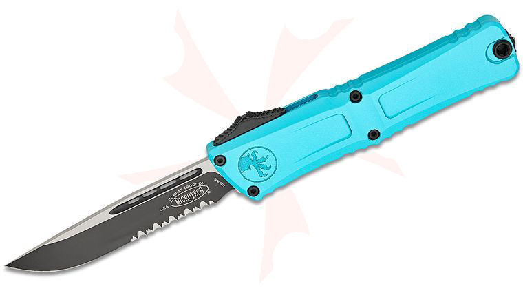 Microtech 1143-2TQ Combat Troodon Gen III AUTO OTF Knife 4.125 inch M390MK Black Drop Point Combo Blade, Turquoise Deep Engraved Aluminum Handles