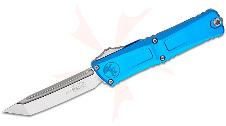 Microtech 1144-10BL Combat Troodon Gen III AUTO OTF Knife 4.125 inch M390MK Stonewashed Tanto Blade, Blue Deep Engraved Aluminum Handles