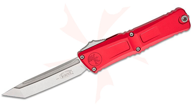 Microtech 1144-10RD Combat Troodon Gen III AUTO OTF Knife 4.125 inch M390MK Stonewashed Tanto Blade, Red Deep Engraved Aluminum Handles
