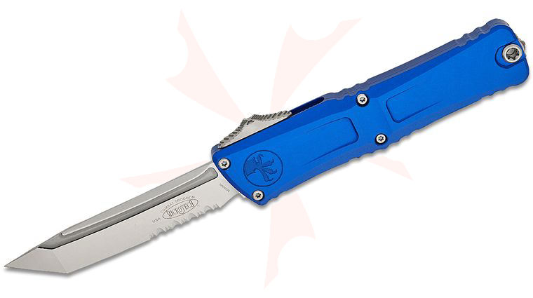 Microtech 1144-11NA Combat Troodon Gen III Tactical AUTO OTF Knife 4.125 inch M390MK Stonewashed Tanto Combo Blade, Navy Blue Deep Engraved Aluminum Handles