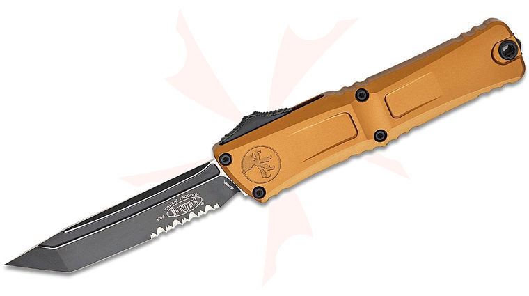 Microtech 1144-2TA Combat Troodon Gen III  AUTO OTF Knife 4.125 inch M390MK Black Tanto Combo Blade, Tan Deep Engraved Aluminum Handles