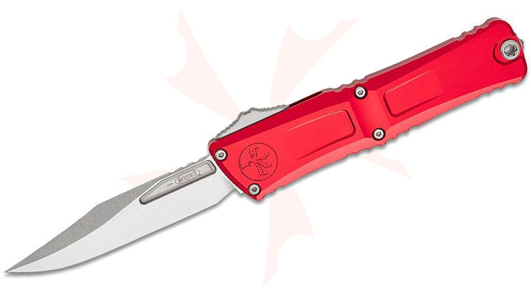 Microtech 1146-10RD Combat Troodon Gen III Tactical AUTO OTF Knife 4.125 inch M390MK Stonewashed Bowie Blade, Red Deep Engraved Aluminum Handles