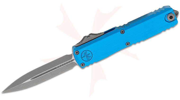 Microtech 11474-10APBL UTX-70 Gen IV AUTO OTF Knife 2.5 inch M390MK Apocalyptic Double Edge Dagger Blade, Blue Machined Aluminum Handles, Reversible Clip