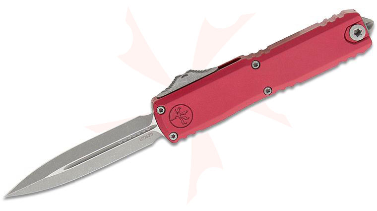 Microtech 11474-10APMR UTX-70 Gen IV AUTO OTF Knife 2.5 inch M390MK Apocalyptic Double Edge Dagger Blade, Merlot Machined Aluminum Handles, Reversible Clip
