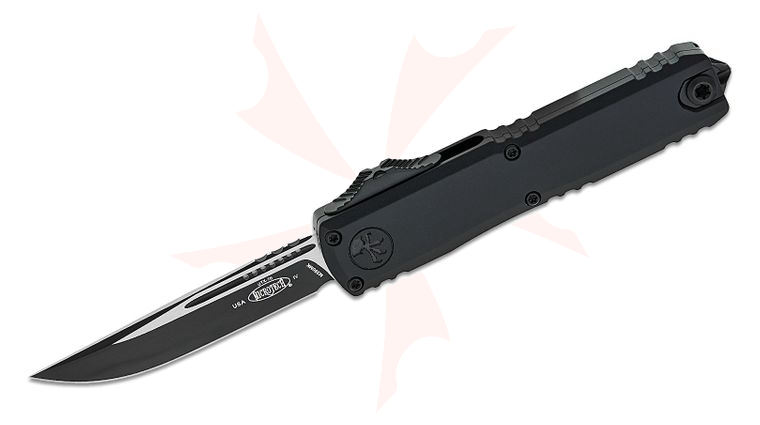 Microtech 11484-1T UTX-70 Gen IV AUTO OTF Knife 2.5 inch M390MK Black Drop Point Plain Blade, Black Machined Aluminum Handles, Reversible Clip