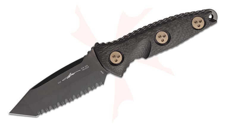 Microtech 114M-3DLCCFS Signature Series Socom Alpha Mini Fixed Blade Knife 3.72 inch Black DLC Tanto Serrated Blade, Carbon Fiber Handles, Kydex Sheath
