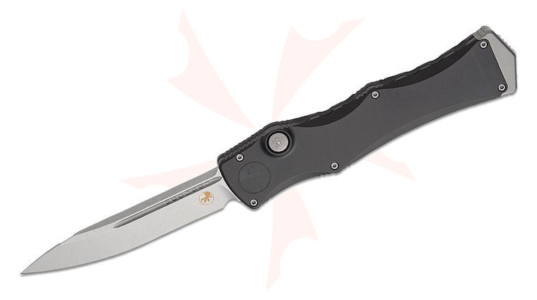 Microtech 1150-10MS1 Marfione Select Halo IV Single-Action AUTO OTF 3.875 inch M390MK Stonewashed Spear Point Plain Blade, Black Hardcoat Anodized Aluminum Alloy Handles