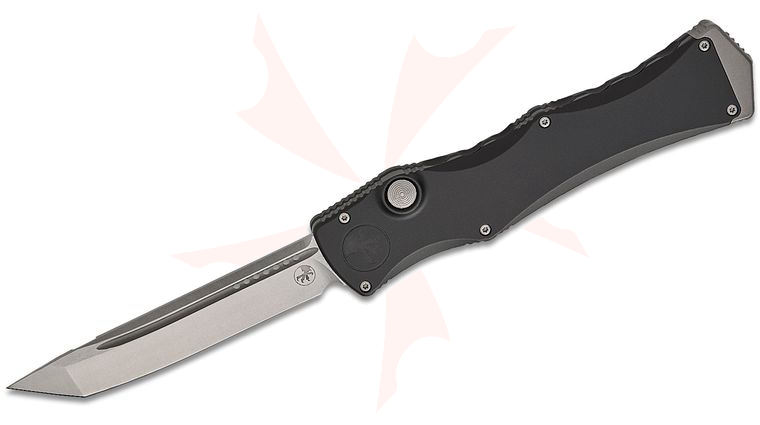 Microtech 1151-10MS1 Marfione Select Halo IV Single-Action AUTO OTF 3.875 inch M390MK Stonewashed Tanto Plain Blade, Black Hardcoat Anodized Aluminum Alloy Handles