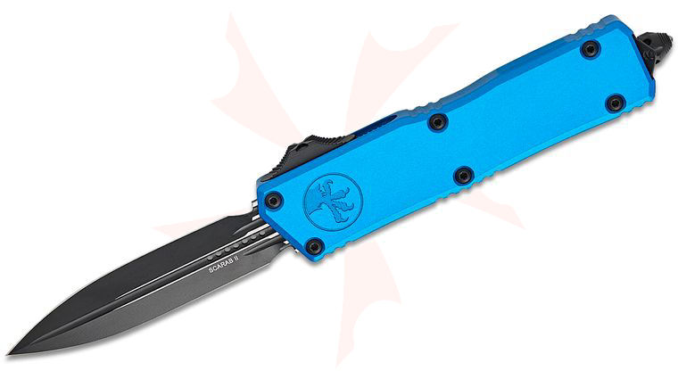 Microtech 1175-1BL Scarab II Gen III Executive AUTO OTF Knife 3.875 inch M390MK Black Double Edge Dagger Blade, Blue Machined Aluminum Handles