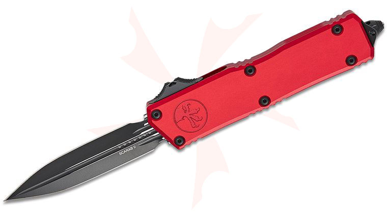 Microtech 1175-1RD Scarab II Gen III Executive AUTO OTF Knife 3.875 inch M390MK Black Double Edge Dagger Blade, Red Machined Aluminum Handles