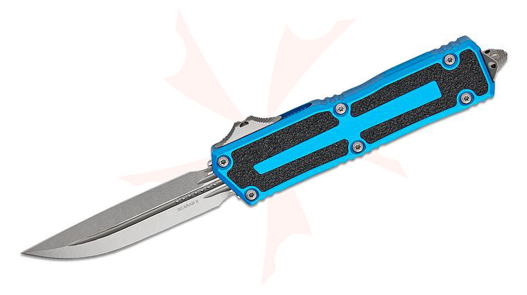 Microtech 1180-10BL Scarab II Gen III D/E-S AUTO OTF Knife 3.875 inch M390MK Stonewashed Double Edge Drop Point Plain Blade, Blue Aluminum Handles with 3M Traction Tape Inserts