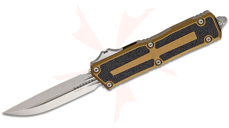 Microtech 1180-10OD Scarab II Gen III D/E-S AUTO OTF Knife 3.875 inch M390MK Stonewashed Double Edge Drop Point Plain Blade, OD Green Aluminum Handles with 3M Traction Tape Inserts