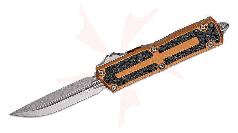 Microtech 1180-10TA Scarab II Gen III D/E-S AUTO OTF Knife 3.875 inch M390MK Stonewashed Double Edge Drop Point Plain Blade, Tan Aluminum Handles with 3M Traction Tape Inserts
