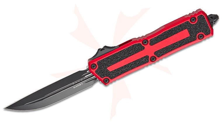 Microtech 1180-1RD Scarab II Gen III D/E-S AUTO OTF Knife 3.875 inch M390MK Black Double Edge Drop Point Plain Blade, Red Aluminum Handles with 3M Traction Tape Inserts