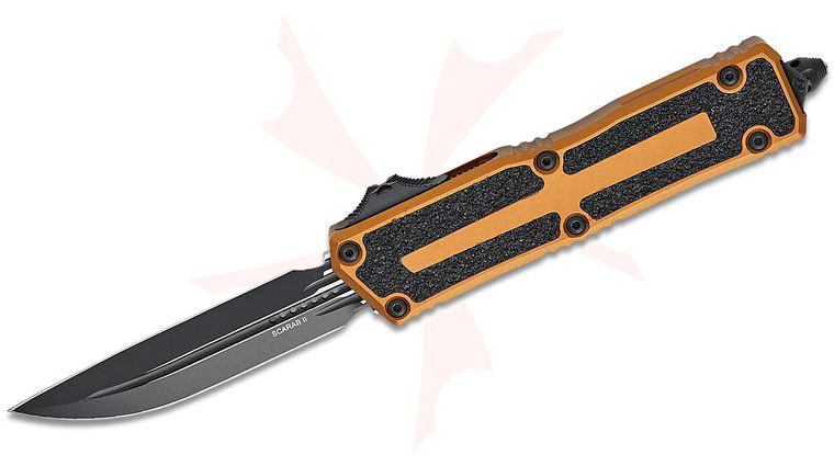 Microtech 1180-1TA Scarab II Gen III D/E-S AUTO OTF Knife 3.875 inch M390MK Black Double Edge Drop Point Plain Blade, Tan Aluminum Handles with 3M Traction Tape Inserts