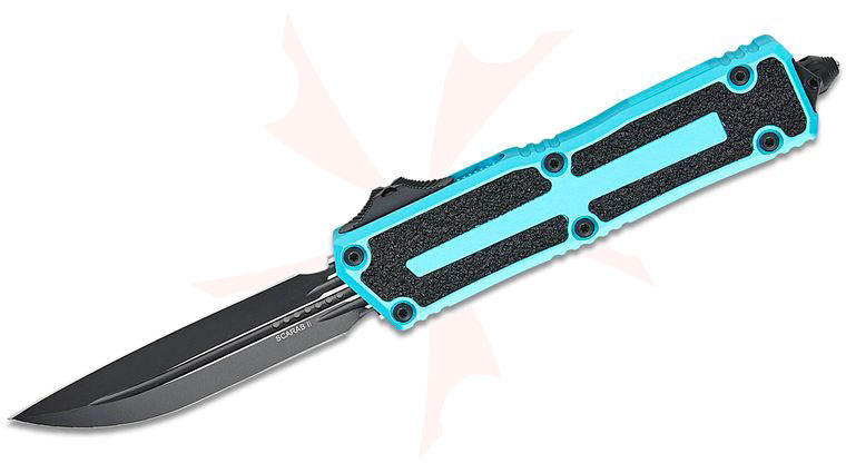 Microtech 1180-1TQ Scarab II Gen III D/E-S AUTO OTF Knife 3.875 inch M390MK Black Double Edge Drop Point Plain Blade, Turquoise Aluminum Handles with 3M Traction Tape Inserts