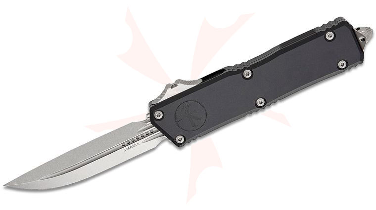 Microtech 1181-10 Scarab II Gen III Executive D/E-S AUTO OTF Knife 3.875 inch M390MK Stonewashed Double Edge Drop Point Plain Blade, Black Machined Aluminum Handles