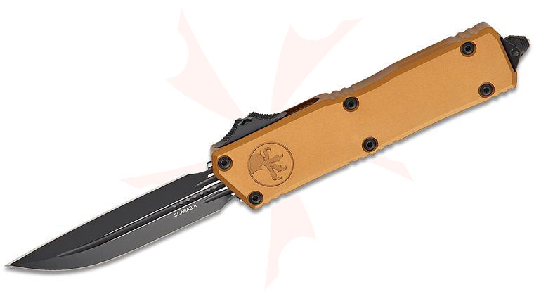 Microtech 1181-1TA Scarab II Gen III Executive D/E-S AUTO OTF Knife 3.875 inch M390MK Black Double Edge Drop Point Plain Blade, Tan Machined Aluminum Handles
