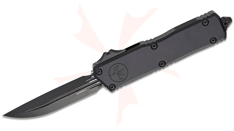 Microtech 1181-1T Scarab II Gen III Executive Tactical D/E-S AUTO OTF Knife 3.875 inch M390MK Black Double Edge Drop Point Plain Blade, Black Machined Aluminum Handles
