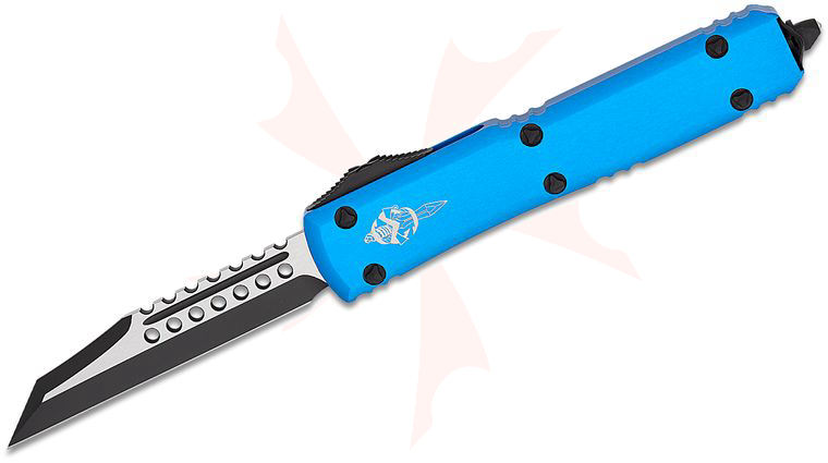 Microtech 119W-1BLS Signature Series Ultratech Warhound AUTO OTF 3.46 inch Black Wharncliffe Blade, Blue Aluminum Handles