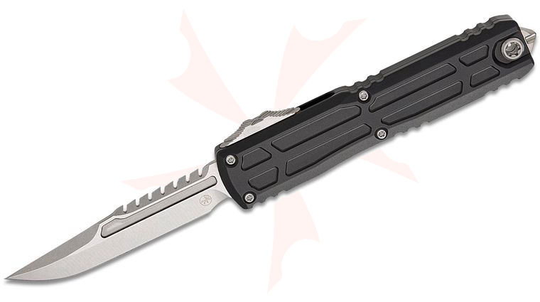 Microtech 1117EX-10S Signature Series Ultratech EX ZBP Zero Blade Play Interceptor AUTO OTF Knife 3.5 inch Bohler M390MK Stonewash Double Edge Sawback Bowie Blade, Black EX Machined Aluminum Handles, Reversible Clip