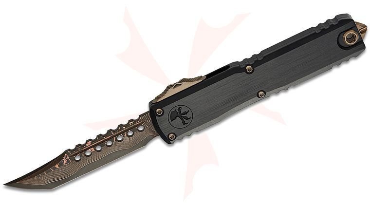 Microtech 1119-16MS1 Signature Series Marfione Select Ultratech Gen III AUTO OTF Knife 3.5 inch Baker Forge CopperMai Damascus Hellhound Tanto Blade, Black Hefted Aluminum Handles, Reversible Clip