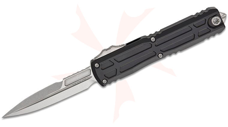Microtech 1120EX-10S Signature Series Ultratech EX ZBP Zero Blade Play AUTO OTF Knife 3.5 inch Bohler M390MK Stonewashed Double Edge Bayonet Blade, Black EX Machined Aluminum Handles, Reversible Clip