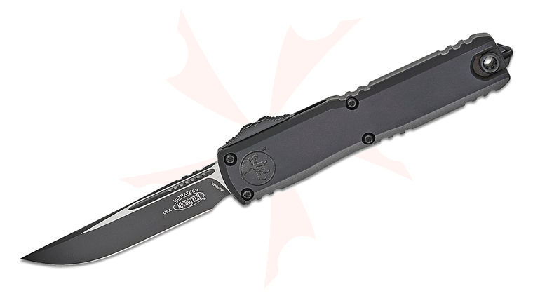 Microtech 1121-1T Ultratech ZBP Zero Blade Play Tactical AUTO OTF Knife 3.5 inch Bohler M390MK Black Drop Point Blade, Machined Black Aluminum Handles, Reversible Clip