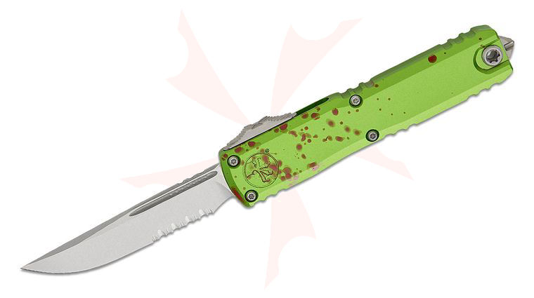 Microtech 11214-11Z Zombie Tech Ultratech Gen IV AUTO OTF Knife 3.5 inch Bohler M390MK Stonewashed Drop Combo Blade, Zombie Green Machined Aluminum Handles, Reversible Clip
