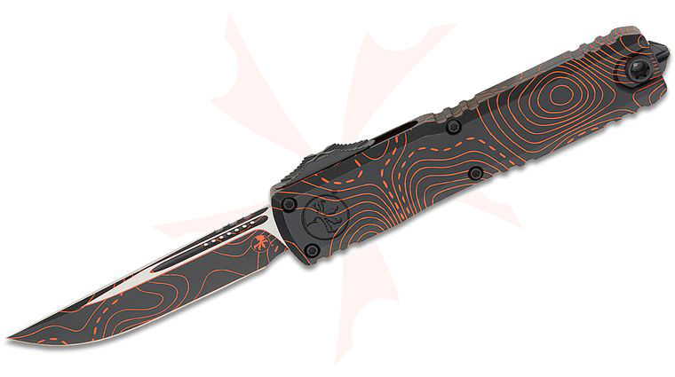 Microtech 11214-1 TPBKORCS Signature Series Ultratech Gen IV Tactical AUTO OTF Knife 3.5 inch Bohler M390MK Topographic Black/Orange Camo Drop Point Blade and Machined Aluminum Handles, Reversible Clip