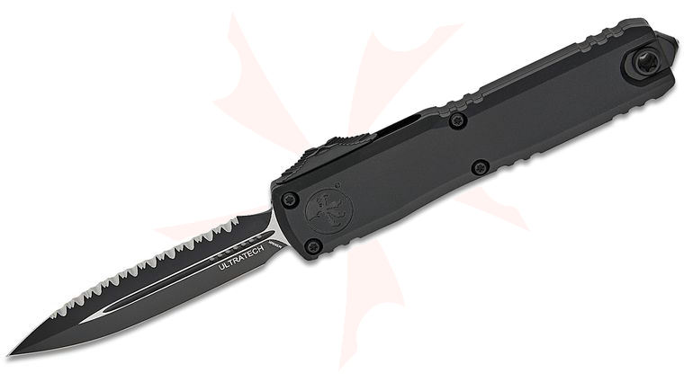 Microtech 1122-3T Ultratech ZBP Zero Blade Play Tactical AUTO OTF Knife 3.5 inch Bohler M390MK Black Plain/Serrated Double Edge Dagger Blade, Machined Black Aluminum Handles, Reversible Clip