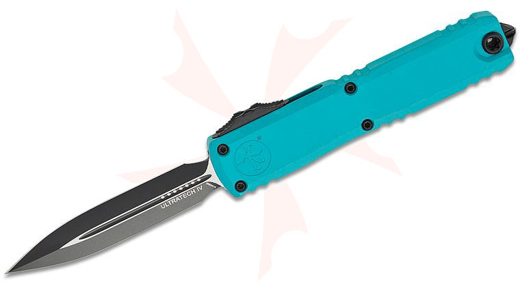 Microtech 11224-1CN Ultratech Gen IV AUTO OTF Knife 3.5 inch Bohler M390MK Black Double Edge Dagger Blade, Cyan Machined Aluminum Handles, Reversible Clip