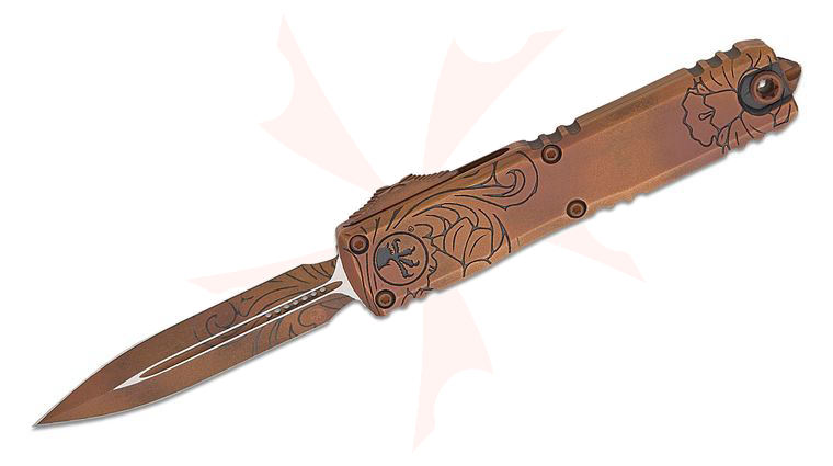 Microtech 11224-1BSTXS Signature Series BLADE Show Texas 2026 Ultratech Gen IV AUTO OTF Knife 3.5 inch Bohler M390MK Rustic Leather Cerakote Double Edge Dagger Blade and Machined Aluminum Handles, Reversible Clip