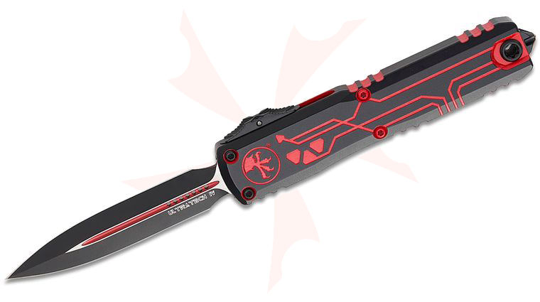 Microtech 11224-1RDROS Signature Series Ultratech Gen IV AUTO OTF Knife 3.5 inch Bohler M390MK Black Double Edge Dagger Blade and Machined Aluminum Handles with Red Accents, Reversible Clip