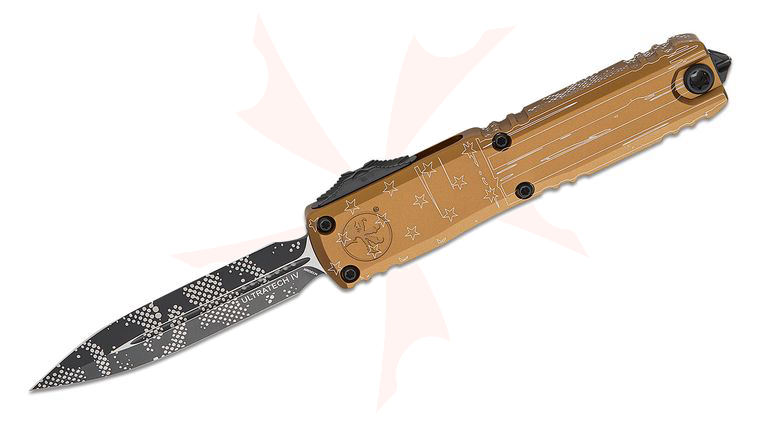 Microtech 11224-1TAHR Ultratech Gen IV AUTO OTF Knife 3.5 inch Bohler M390MK Black Camo Double Edge Dagger Blade, Tan Hero Machined Aluminum Handles, Reversible Clip