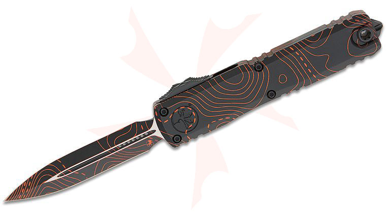 Microtech 11224-1 TPBKORCS Signature Series Ultratech Gen IV Tactical AUTO OTF Knife 3.5 inch Bohler M390MK Topographic Black/Orange Camo Double Edge Dagger Blade and Machined Aluminum Handles, Reversible Clip